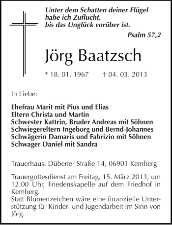 Traueranzeige von Jörg Baatzsch von Mitteldeutsche Zeitung Wittenberg