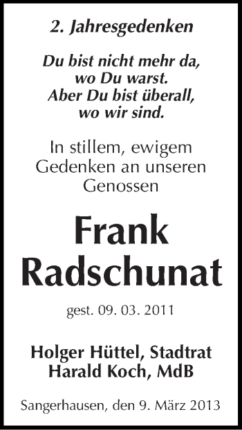 Traueranzeige von Frank Radschunat von Mitteldeutsche Zeitung Sangerhausen