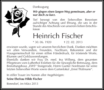 Traueranzeige von Heinrich Fischer von Mitteldeutsche Zeitung Mansfelder Land