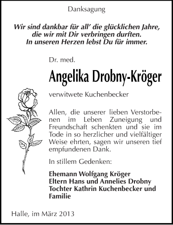 Traueranzeige von Angelika Drobny-Kröger von Mitteldeutsche Zeitung Halle/Saalkreis