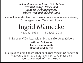 Traueranzeige von Ingrid Mämecke von Mitteldeutsche Zeitung Halle/Saalkreis