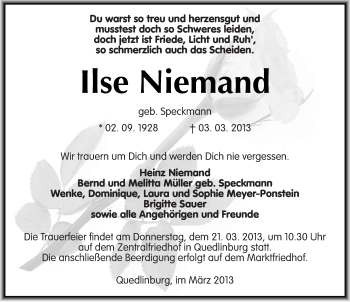 Traueranzeige von Ilse Niemand von Mitteldeutsche Zeitung Quedlinburg