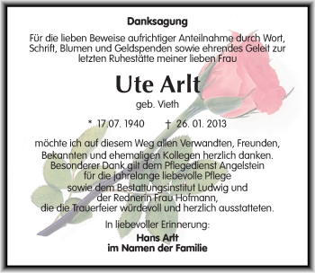 Traueranzeige von Ute Arlt von Mitteldeutsche Zeitung Halle/Saalkreis