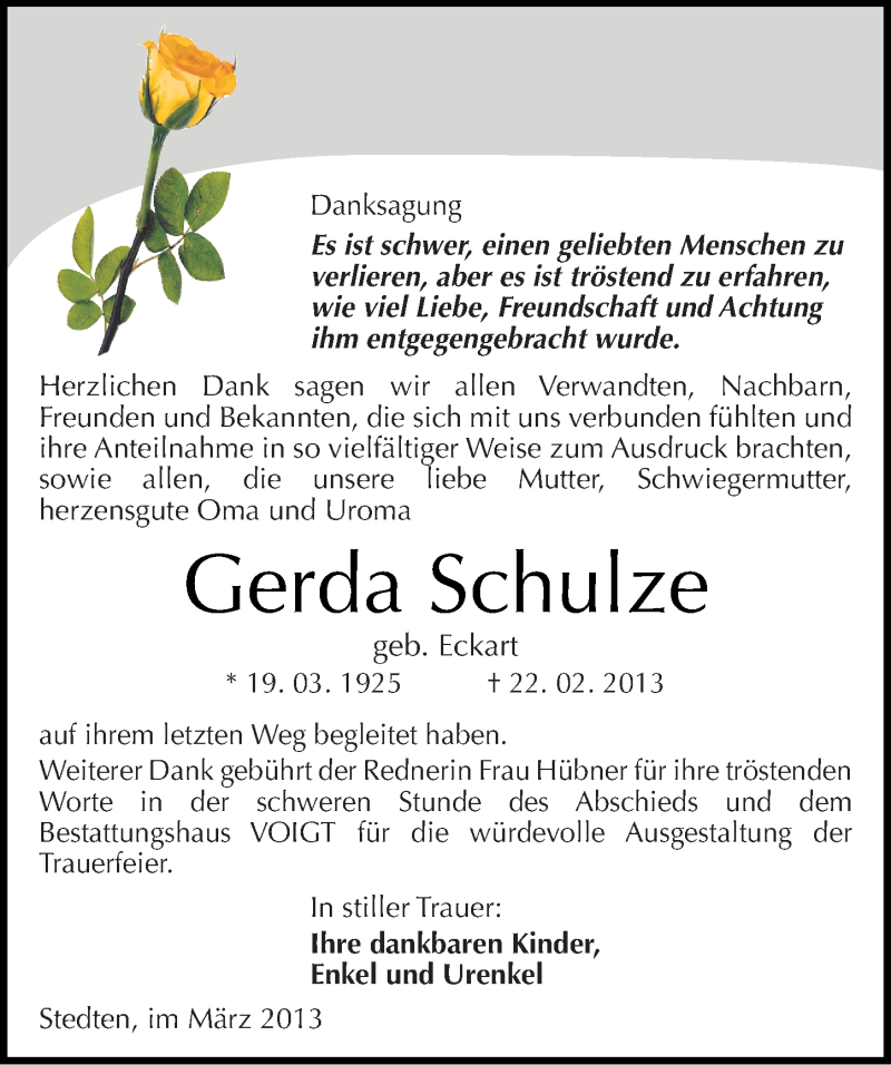  Traueranzeige für Gerda Schulze vom 08.03.2013 aus Mitteldeutsche Zeitung Mansfelder Land