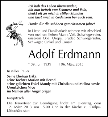 Traueranzeige von Adolf Erdmann von Mitteldeutsche Zeitung Naumburg/Nebra