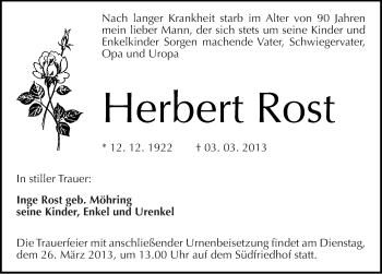 Traueranzeige von Herbert Rost von Mitteldeutsche Zeitung Halle/Saalkreis