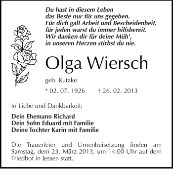 Traueranzeige von Olga Wiersch von Mitteldeutsche Zeitung Wittenberg