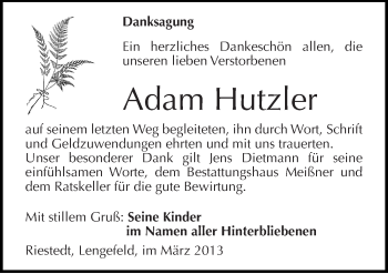 Traueranzeige von Adam Hutzler von Mitteldeutsche Zeitung Sangerhausen
