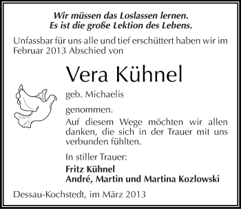Traueranzeige von Vera Kühnel von Mitteldeutsche Zeitung Dessau-Roßlau