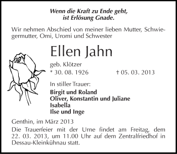 Traueranzeige von Ellen Jahn von Mitteldeutsche Zeitung Dessau-Roßlau