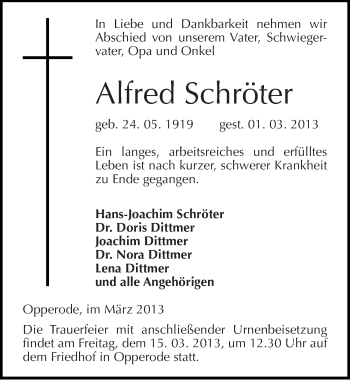 Traueranzeige von Alfred Schröter von Mitteldeutsche Zeitung Quedlinburg