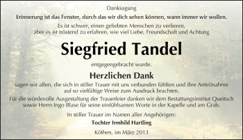Traueranzeige von Siegfried Tandel von Mitteldeutsche Zeitung Köthen