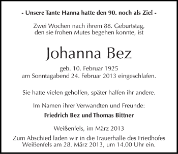 Traueranzeige von Johanna Bez von Mitteldeutsche Zeitung Weißenfels