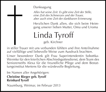 Traueranzeige von Linda Tyroff von Mitteldeutsche Zeitung Naumburg/Nebra
