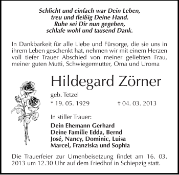 Traueranzeige von Hildegard Zörner von Mitteldeutsche Zeitung Halle/Saalkreis