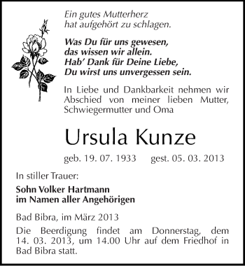 Traueranzeige von Ursula Kunze von Mitteldeutsche Zeitung Naumburg/Nebra