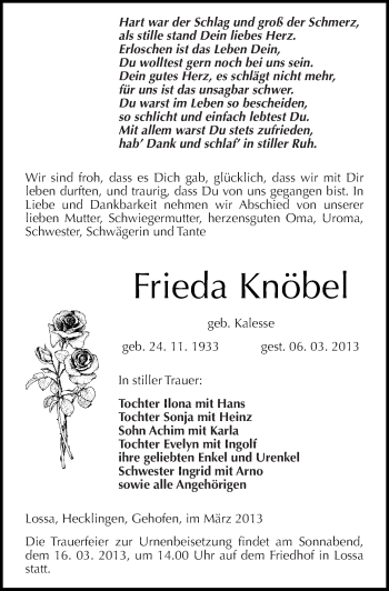 Traueranzeige von Frieda Knöbel von Mitteldeutsche Zeitung Naumburg/Nebra