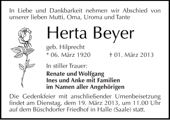 Traueranzeige von Herta Beyer von Mitteldeutsche Zeitung Halle/Saalkreis