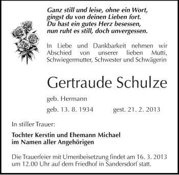 Traueranzeige von Gertraude Schulze von Mitteldeutsche Zeitung Bitterfeld