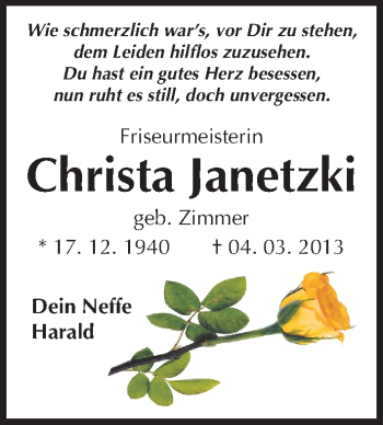Traueranzeige von Christa Janetzki von Mitteldeutsche Zeitung Quedlinburg