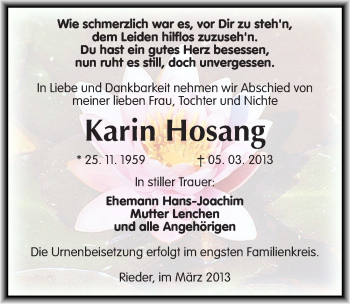 Traueranzeige von Karin Hosang von Mitteldeutsche Zeitung Quedlinburg