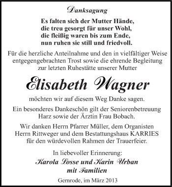 Traueranzeige von Elisabeth Wagner von Mitteldeutsche Zeitung Quedlinburg