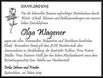 Traueranzeige von Olga Wagener von Mitteldeutsche Zeitung Aschersleben