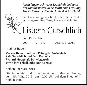 Traueranzeige von Lisbeth Gutschlich von Mitteldeutsche Zeitung Köthen