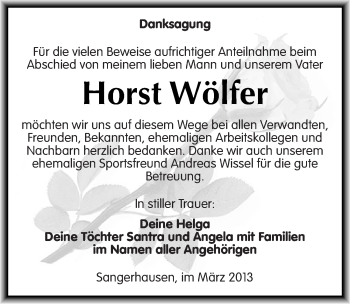 Traueranzeige von Horst Wölfer von Mitteldeutsche Zeitung Sangerhausen