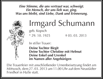 Traueranzeige von Irmgard Schumann von Mitteldeutsche Zeitung Halle/Saalkreis
