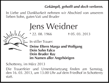 Traueranzeige von Jens Weidner von Mitteldeutsche Zeitung Merseburg/Querfurt