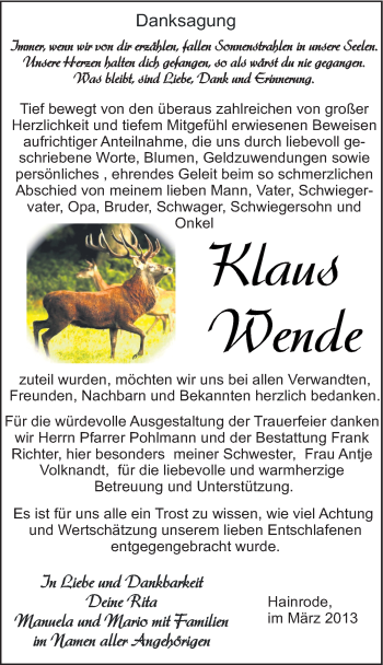 Traueranzeige von Klaus Wende von Mitteldeutsche Zeitung Sangerhausen