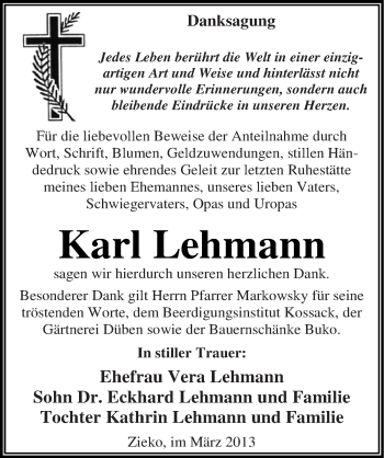 Traueranzeige von Karl Lehmann von Mitteldeutsche Zeitung Wittenberg