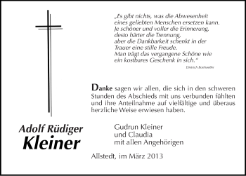 Traueranzeige von Adolf Rüdiger Kleiner von Mitteldeutsche Zeitung Sangerhausen
