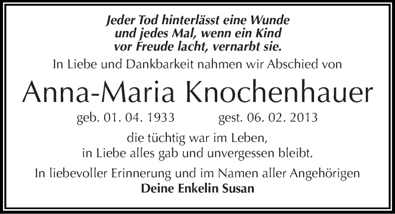  Traueranzeige für Anna-Maria Knochenhauer vom 09.03.2013 aus Mitteldeutsche Zeitung Sangerhausen