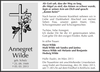 Traueranzeige von Annegret Wilde von Mitteldeutsche Zeitung Halle/Saalkreis