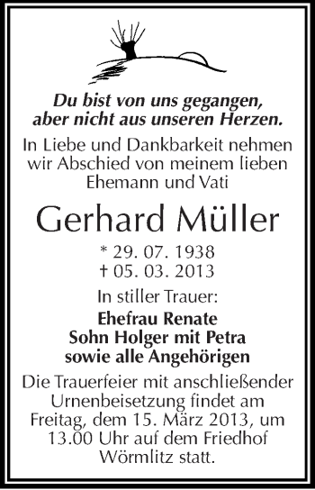Traueranzeige von Gerhard Müller von Mitteldeutsche Zeitung Halle/Saalkreis