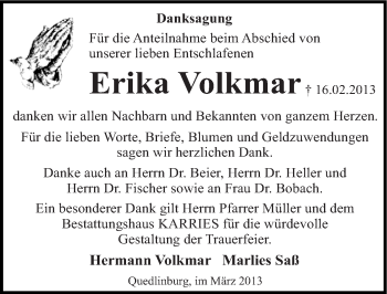 Traueranzeige von Erika Volkmar von Mitteldeutsche Zeitung Quedlinburg
