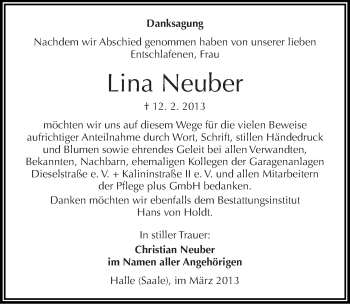 Traueranzeige von Lina Neuber von Mitteldeutsche Zeitung Halle/Saalkreis