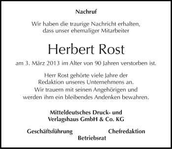 Traueranzeige von Herbert Rost von Mitteldeutsche Zeitung Halle/Saalkreis