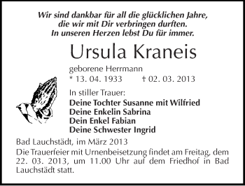 Traueranzeige von Ursula Kraneis von Mitteldeutsche Zeitung Merseburg/Querfurt