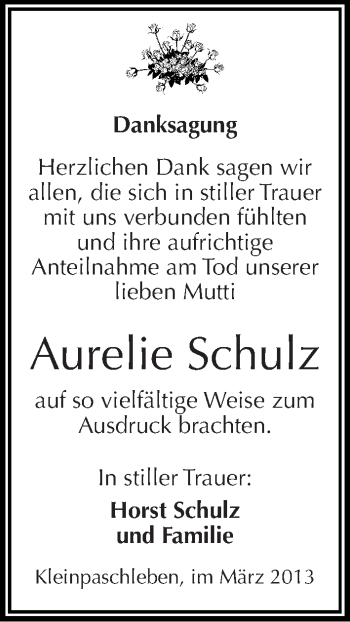 Traueranzeige von Aurelie Schulz von Mitteldeutsche Zeitung Köthen