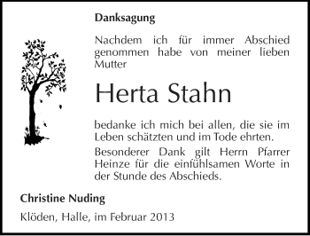 Traueranzeige von Herta Stahn von Mitteldeutsche Zeitung Wittenberg