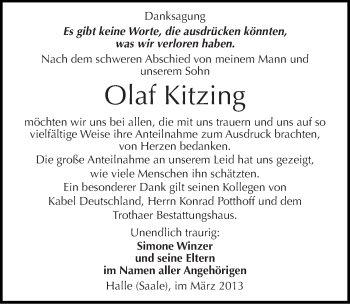 Traueranzeige von Olaf Kitzing von Mitteldeutsche Zeitung Halle/Saalkreis