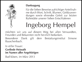 Traueranzeige von Ingeborg Hempel von Mitteldeutsche Zeitung Naumburg/Nebra