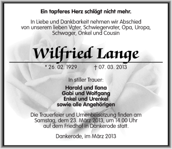 Traueranzeige von Wilfried Lange von Mitteldeutsche Zeitung Quedlinburg