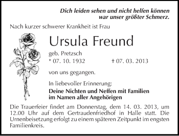 Traueranzeige von Ursula Freund von Mitteldeutsche Zeitung Halle/Saalkreis