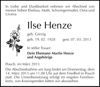 Traueranzeige von Ilse Henze von Mitteldeutsche Zeitung Bitterfeld