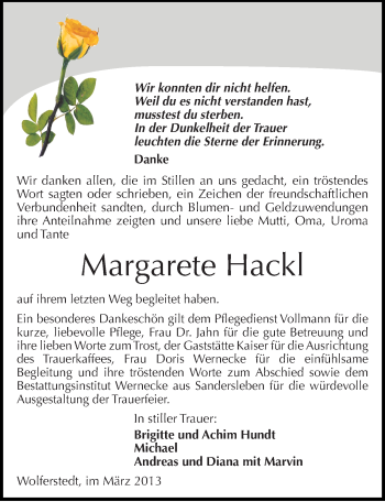 Traueranzeige von Margarete Hackl von Mitteldeutsche Zeitung Sangerhausen