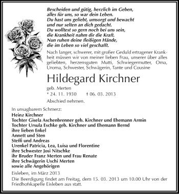 Traueranzeige von Hildegard Kirchner von Mitteldeutsche Zeitung Mansfelder Land